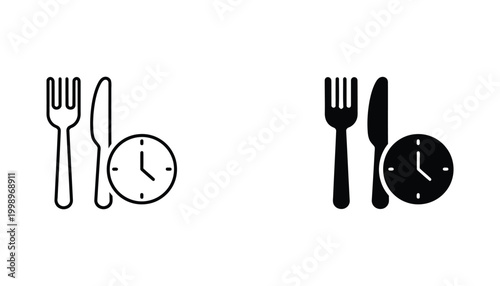 Fork and knife with clock icon set representing meal time and dining schedule in minimalist black and white vector graphic style for restaurant branding and food industry design assets