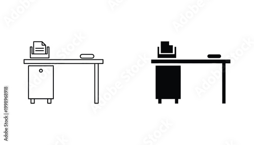 Office desk with printer and paper icon in line and solid style for workplace business and corporate administration concept design isolated on white background