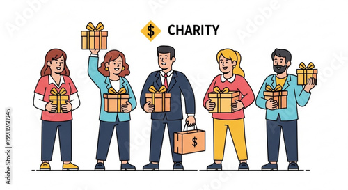 Diverse group of people holding gift boxes concept of charity and donation flat vector illustration for social causes and fundraising