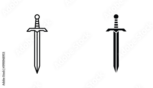 Medieval sword weapon icon in line and solid style for gaming fantasy and military history concept design isolated on white background