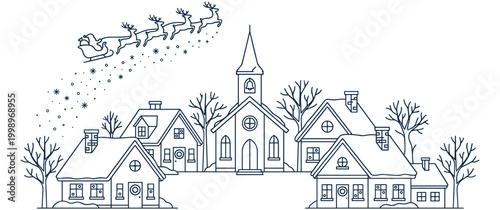 Winter village outline illustration with santa flying above snowy houses.