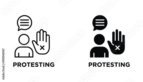 Protesting person with speech bubble and stop hand sign icon in line and solid style for activism social movement and political demonstration concept design isolated on white background