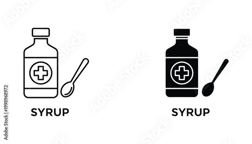 Medical syrup bottle with spoon icon in line and solid style for healthcare pharmacy and pharmaceutical treatment concept design isolated on white background