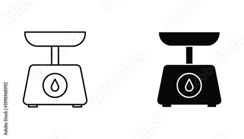 Kitchen scale with droplet icon outline and filled silhouette isolated on white background for cooking and measurement concepts