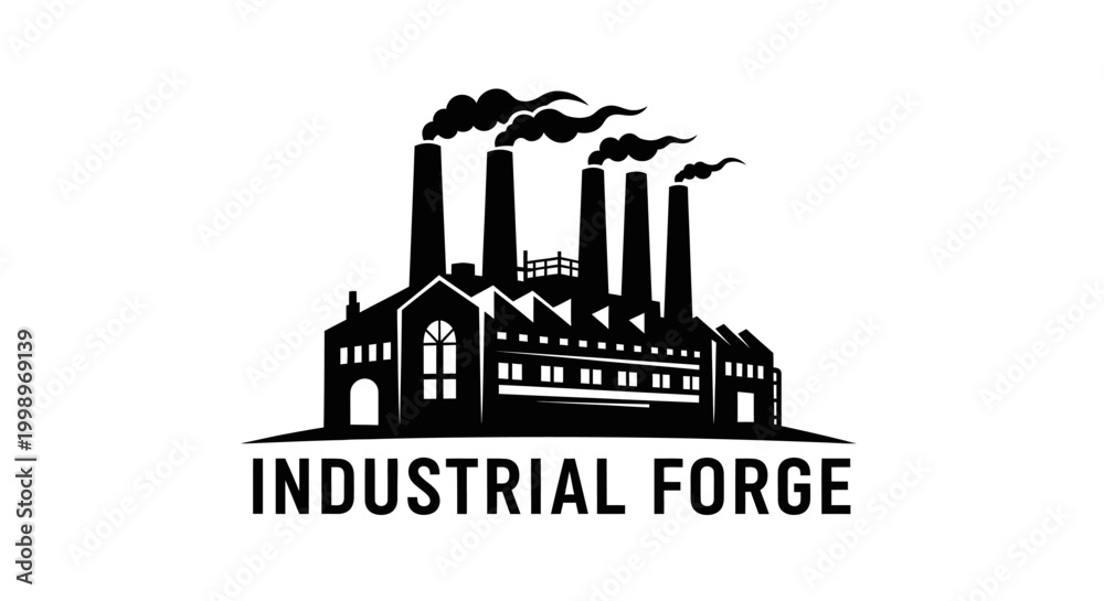 Fototapeta premium Industrial forge building logo with smoke stacks and text