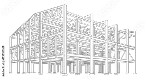 Industrial steel building frame architectural structure wireframe design