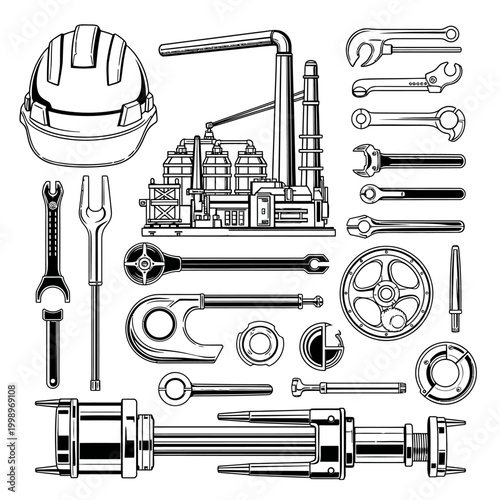 Industrial tools and factory equipment line art icon set