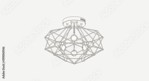 Industrial geometric wireframe ceiling light fixture line art illustration