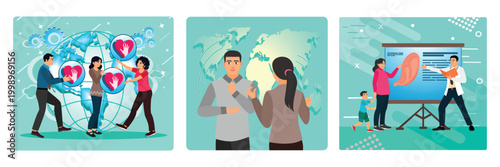 Social participation concept. Sign language conversation. Hearing aids.