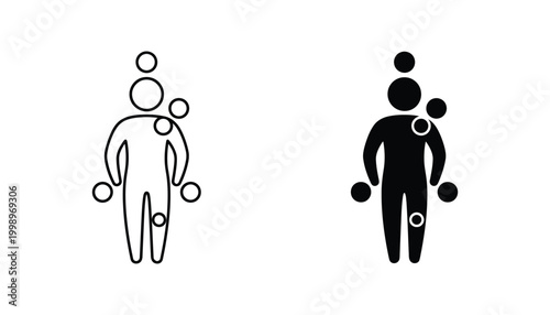 Human body silhouette with circular nodes indicating pain points or medical diagnostic markers for health assessment and wellness tracking vector illustration