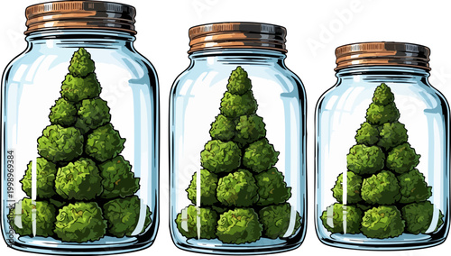 Cannabis buds in glass jars vector illustration, medicinal marijuana flower storage containers, herbal weed dispensary stash jars with metal lids
