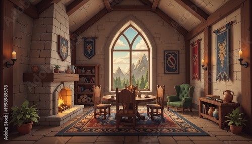 Medieval Room with Fireplace and Mountain View