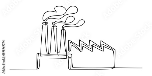 Continuous single line drawing of an industrial factory building with smoking chimneys showing production concept and manufacturing energy Vector, illustration