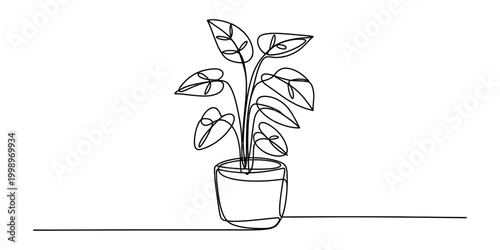 Minimalist continuous one line drawing of a small houseplant in a ceramic pot for home decor and interior design concept Vector, illustration