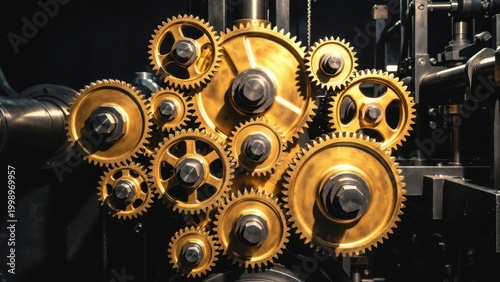 Polished gear wheels engaging on vintage industrial engine frame