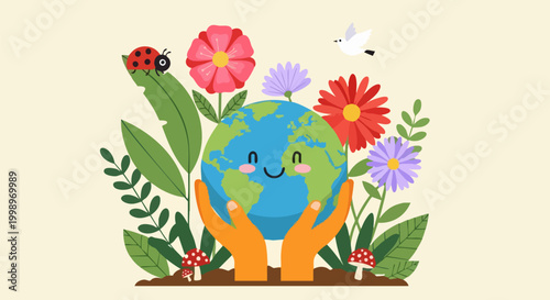 Cute Earth Day vector illustration, smiling planet globe held by human hands, blooming garden with flowers and ladybug for environmental awareness