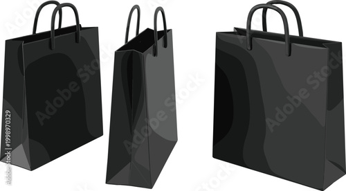 Black shopping bags set glossy retail packaging vector illustration luxury paper carry bags for branding and store design