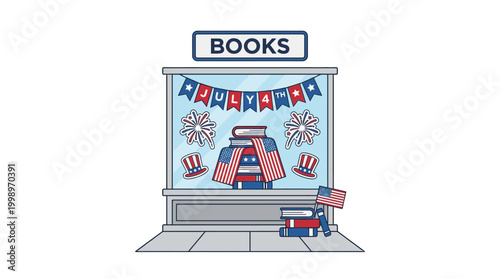 Patriotic Books Display Window With American Flags and Fireworks Decoration