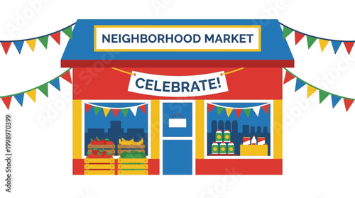 Neighborhood Market Illustration with Festive Flags and Produce Displays