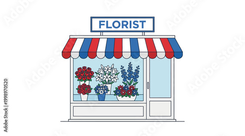Charming minimalist florist shop illustration featuring a vibrant striped awning with patriotic colors, showcasing fresh floral arrangements and bouquets for sale