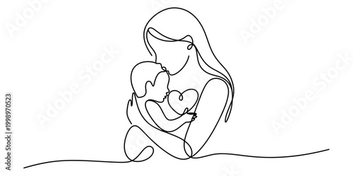 Continuous single line drawing of a mother holding her baby with a heart shape representing love and family care in a minimalist style Vector, illustration