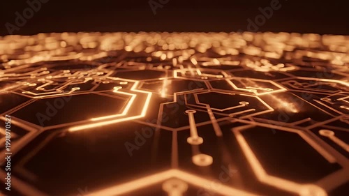 Close-up of a futuristic glowing circuit board with intricate pathways and connections, representing technology and innovation