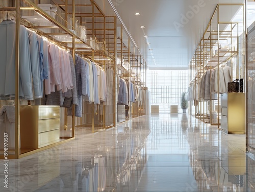 Modern clothing store interior with racks.