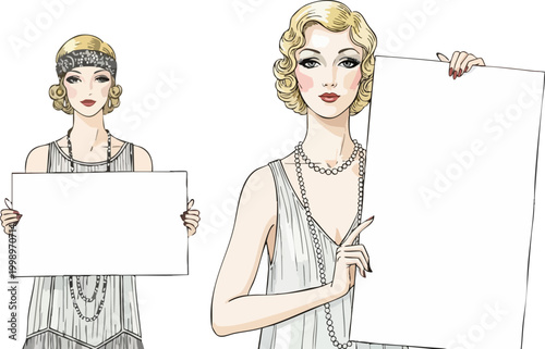 Vintage 1920s flapper girl holding blank sign, retro Gatsby style woman with empty banner, elegant art deco lady vector illustration for party invitation