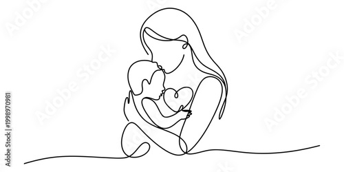 Continuous line art drawing of a mother holding her baby with a heart shape representing love and family connection Vector, illustration