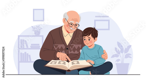 Grandfather and Grandson Looking at Old Photo Album, Family Memories, Generations