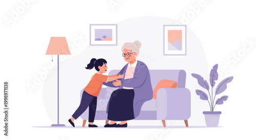 Grandmother and Granddaughter Hugging on Sofa, Family Love, Generations, Cozy Home Interior