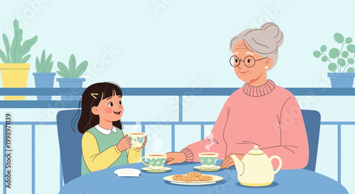 Grandmother and granddaughter enjoying tea time on a balcony with plants
