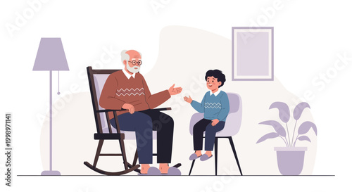 Grandfather telling story to grandson in rocking chair at home, family bonding, generational connection