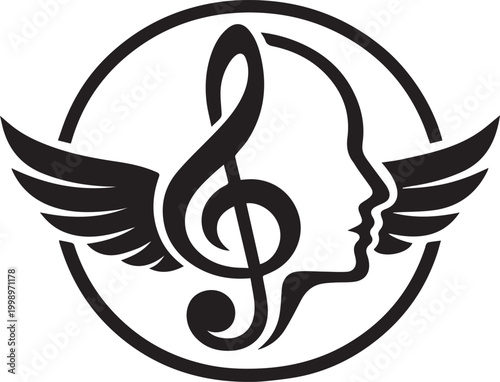 Black silhouette music note with wings and angel head logo Vector