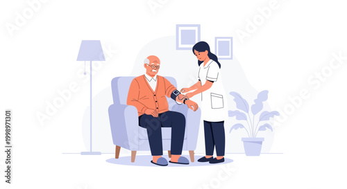 Nurse checking elderly man's blood pressure at home, healthcare concept