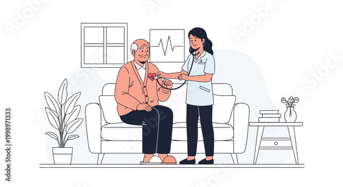 Nurse checking elderly man's heart with stethoscope at home, healthcare concept