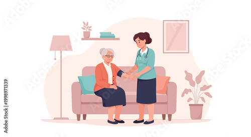Nurse checking elderly woman's blood pressure at home, care and medical assistance concept