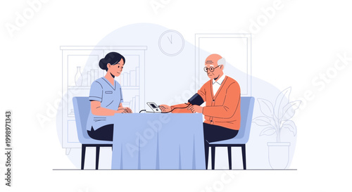 Nurse checks elderly man's blood pressure at home, healthcare concept