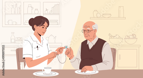 Nurse checks elderly man's oxygen saturation with pulse oximeter at home