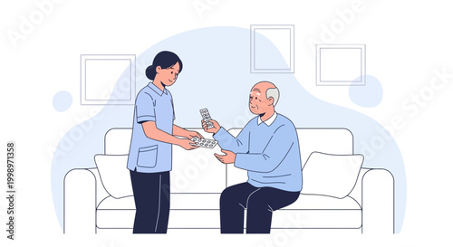 Nurse giving medication to elderly man at home, healthcare assistance, senior care, medical support