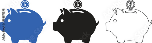Piggy bank variations color silhouette and outline