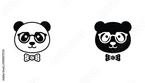 Cute panda head with glasses and bowtie vector icon in outline and solid black style for education or fashion design