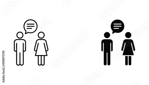 People talking and communication speech bubble icon set in outline and solid black style for social interaction and chat design