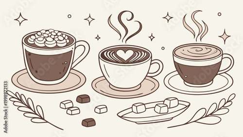 Cozy collection of three steaming hot beverages in cups with latte art and marshmallows, vector illustration