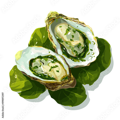 Bild auf Leinwand 2D flat vector graphic of a Oysters Rockefeller in icon style, isolated on white