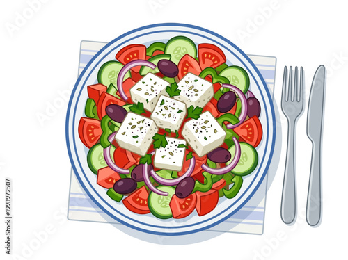 Fresh Greek salad with feta cheese on a plate with cutlery.