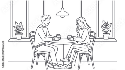 Couple having coffee date at cafe table black and white line art.