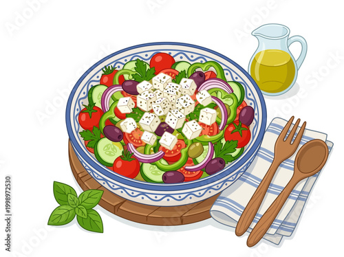 Fresh Greek salad in a decorative bowl with feta cheese and olive oil.