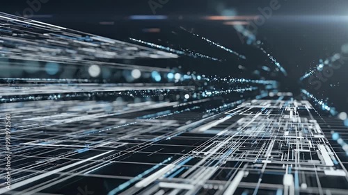 Futuristic Abstract Digital Network Grid with Blurry Lights and Geometric Patterns