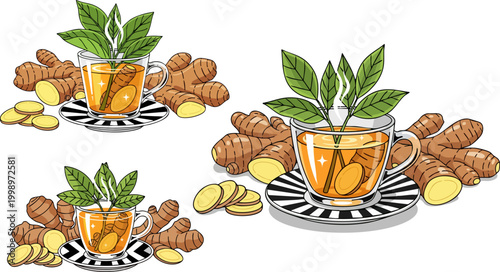 Ginger tea vector illustration set, herbal hot beverage in glass cup with fresh ginger root and green leaves, healthy organic drink collection